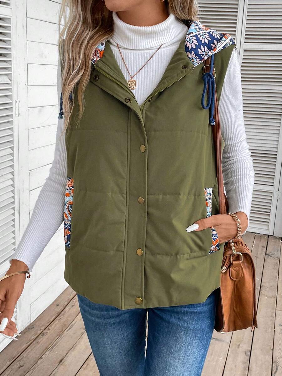 SHEIN LUNE Geo Print Drawstring Hooded Vest Padded Coat - Green - View 1