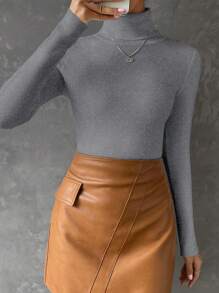 SHEIN Essnce Chất rắn Áo cao cổ Thon gọn Áo len - Màu Xám nhạt - Xem 5