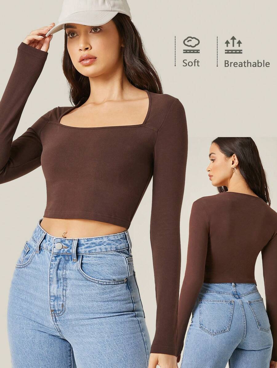 SHEIN BASICS Solid Square Neck Long Sleeve Crop Tee - Chocolate Brown - View 1