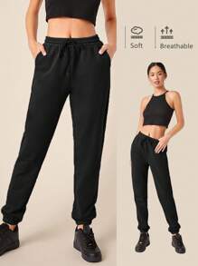 SHEIN BASICS Terry Fleece Drawstring Waist Solid Jogger Sweatpants - Black - View 1