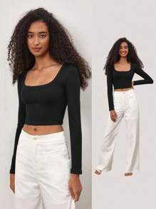 SHEIN BASICS Camiseta crop de cuello scoop - Negro - Ver 6