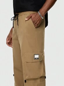 ROMWE MEN Street Life Guys Letter Patched Detail Flap Pocket Side Drawstring Waist Cargo Pants - Khaki - View 6