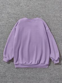 SHEIN Suéter informal para niña preadolescente con hombro caído holgado, patrón de oso de dibujos animados y relieve, unicolor - Púrpura malva - Ver 2