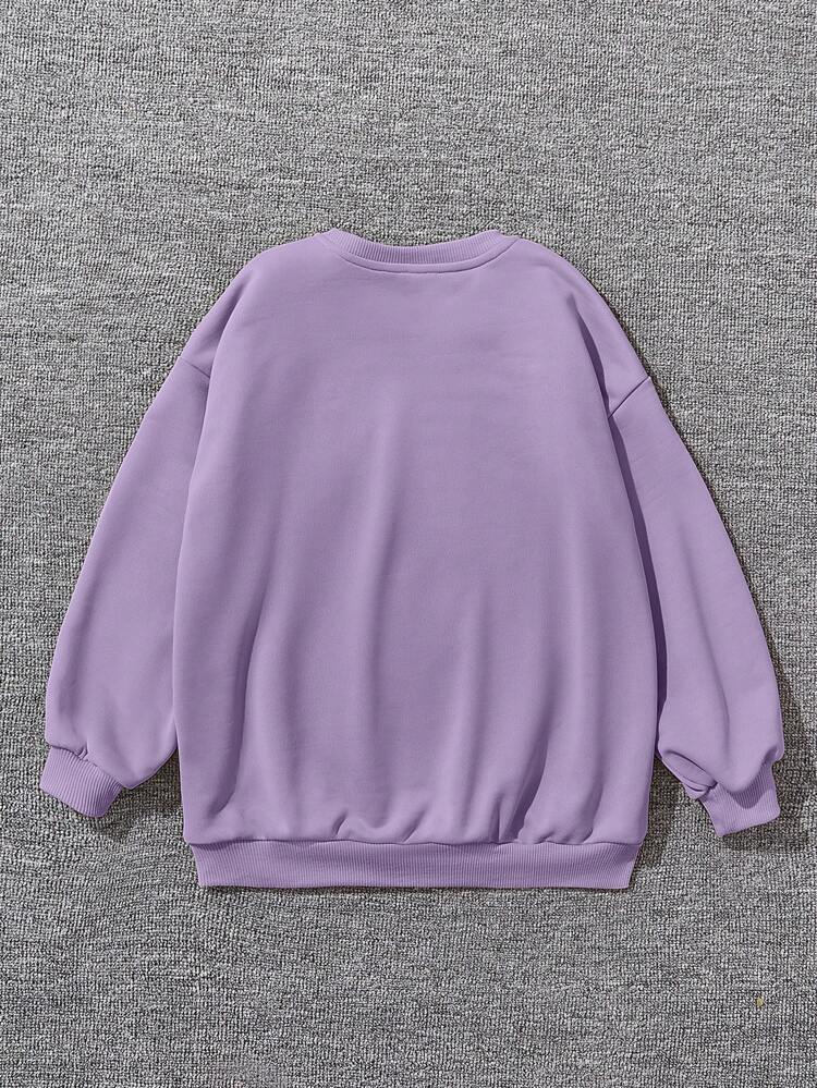 Tween Girl Solid Color Leisure Loose Shoulder Drop Cartoon Teddy Pattern Embossed Pullover Sweatshirt,In Fall/Winter