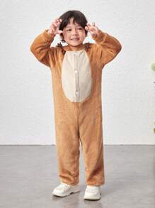 SHEIN Áo liền quần có mũ trùm đầu thiết kế tai cậu bé hoạt hình 3D - màu nâu - Xem 3