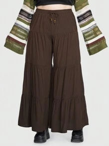 ROMWE Fairycore Talla grande Pantalones de pierna ancha de cintura con cordón bajo con fruncido - Marrón - Ver 1