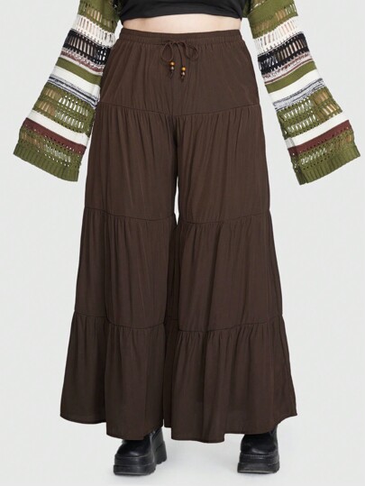 Fairycore Große Größe Hose mit weiten Beinen, Tunnelzug, Rüschenbesatz