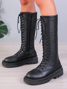 Women's Back Zip Wedge Fashionable Black Wedge Knee High Boots Black Boots With Sweater - Black - View 3