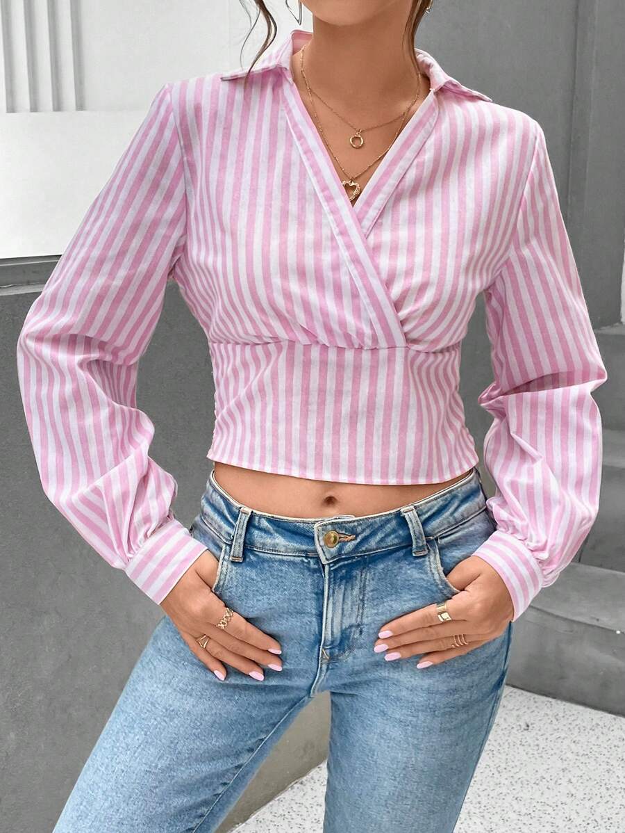 SHEIN Essnce 條紋印花疊領短款襯衫 - 粉色 - 查看 1