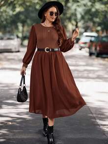 SHEIN LUNE 大碼素色燈籠袖麻花編織拼塊洋裝不附腰帶 - 棕色 - 查看 6