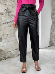 SHEIN Privé Chất rắn chất liệu da PU Quần - màu đen - Xem 3