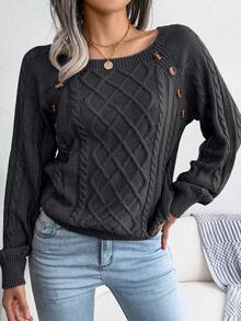 Cable Knit Button Detail Raglan Sleeve Jumper - Black - View 3