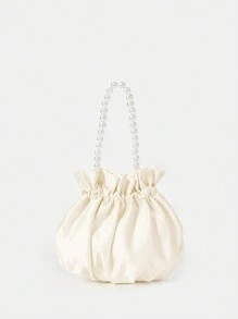 SHEIN Belle 幾何格紋公主人造珍珠和水鑽珍珠鏈條和裝飾迷你緞面手提包珍珠手柄抽褶細節適合派對,婚禮,舞會和晚餐,口紅,女士珍珠包