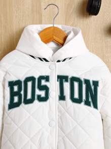SHEIN Tween Girl Letter Patched Striped Trim Quilted Varsity Jacket - White - View 3