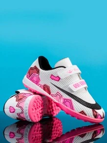 Chaussures de football pour femmes, splicing blanc et rose avec boucle et rivets, chaussures de football d'entraînement antidérapantes