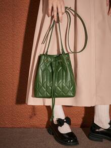 SHEIN MOD 綠色車縫線水桶包帶拉繩設計時尚斜挎包 - 綠色 - 查看 4