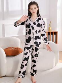 Tween Girl Cow Print Contrast Piping Satin PJ Set - Black and White - View 6
