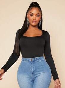 SHEIN SXY Square Neck Slim Fit With Sleeves Black Bodysuit - Black - View 3