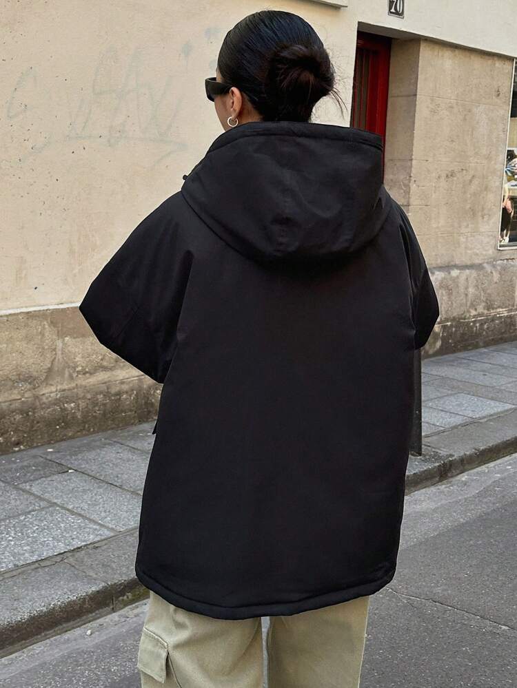 Letter Graphic Flap Pocket Drop Shoulder Drawstring Hooded Winter Thick Pockets Coat ,Winter Women Clothes,Winter Coat Women Jacket