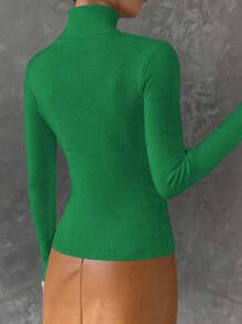 SHEIN Essnce Solid Turtleneck Ribbed Knit Sweater - Green - View 2