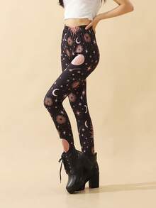 Inked in Red 太陽和月亮圖案時尚緊身褲