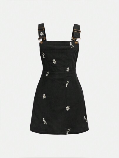 SHEIN Girlism Teen Girls Floral Embroidery Overall Dress