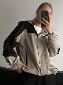 DAZY Two Tone Zip Up Hooded Coat - Khaki - View 3