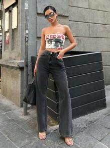 SHEIN Cottnline Casual Straight Leg Jeans - Grey - View 1