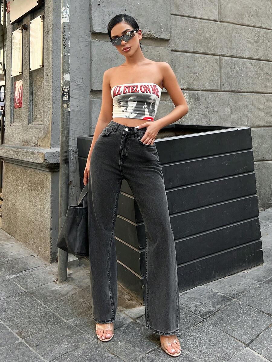 SHEIN Cottnline Casual Straight Leg Jeans - Grey - View 1