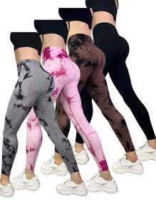 Easithlete 4 bucăți colanți sport cu bandă largă cu vopsea Tie Dye