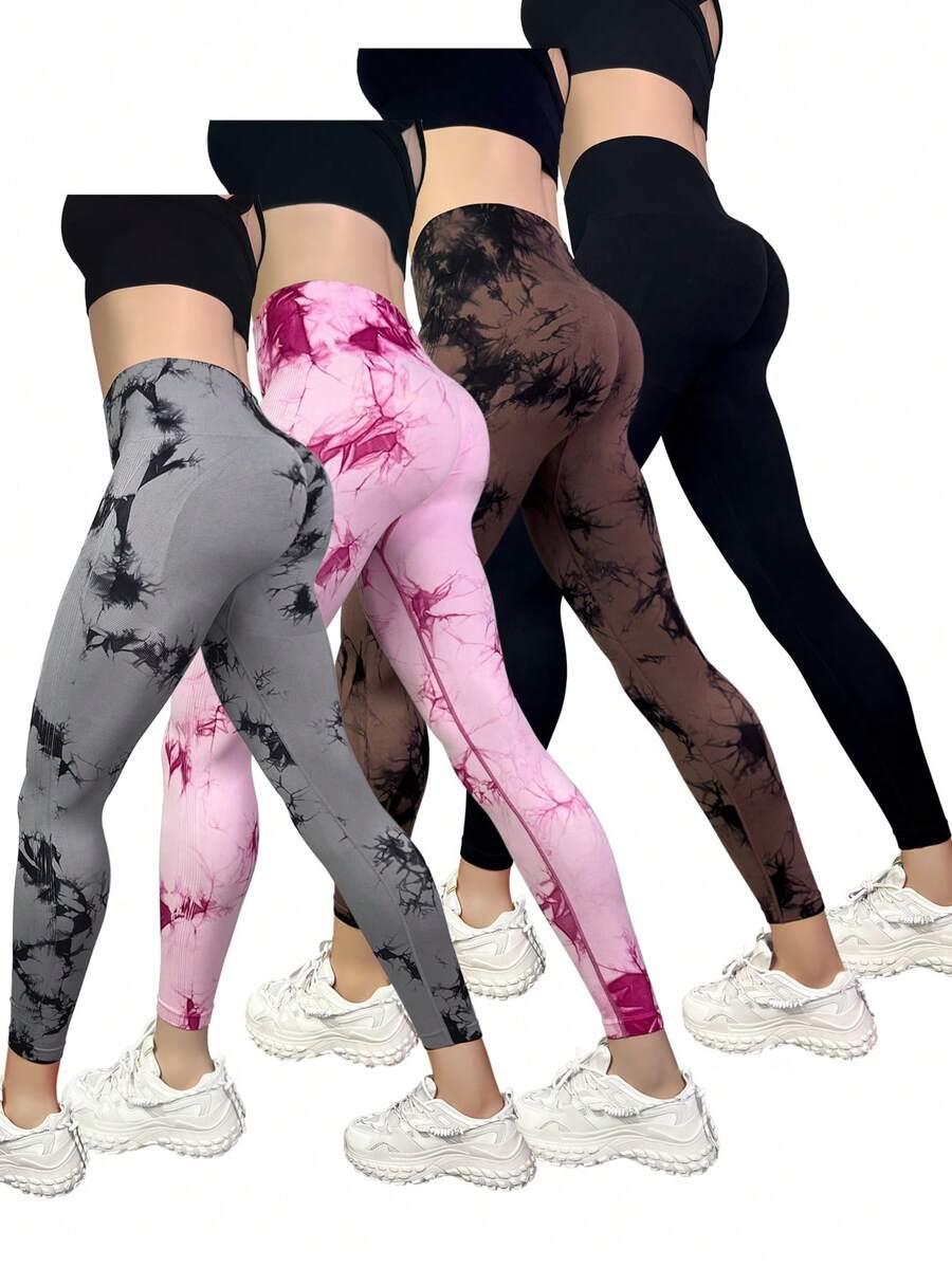 Easithlete 4 bucăți colanți sport cu bandă largă cu vopsea Tie Dye