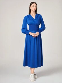 Solid Hooded Lantern Sleeve Dress - Blue - View 5