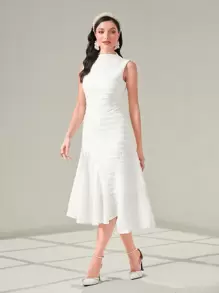 Modelyn 纯色立领无袖 A 字形连衣裙 长款女士装 长款晚礼服 - 白色 - 查看 3