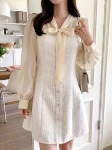 DAZY Tie Neck Button Front Puff Sleeve Dress,Fall Dress - Apricot - View 5