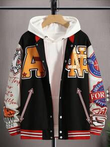 Manfinity LEGND Loose Fit Men's Printed Graffiti Varsity Jacket - Black - View 2