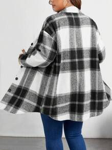 SHEIN LUNE Plus Plaid Print Drop Shoulder Flap Pocket Coat Fall Winter Cloth For Women Autumn - Black - View 2