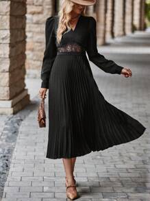 SHEIN Clasi Contrast Lace Pleated Hem Dress - Black - View 1