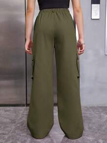 SHEIN 青少年女孩側翻蓋口袋工裝褲 - 軍綠色 - 查看 2