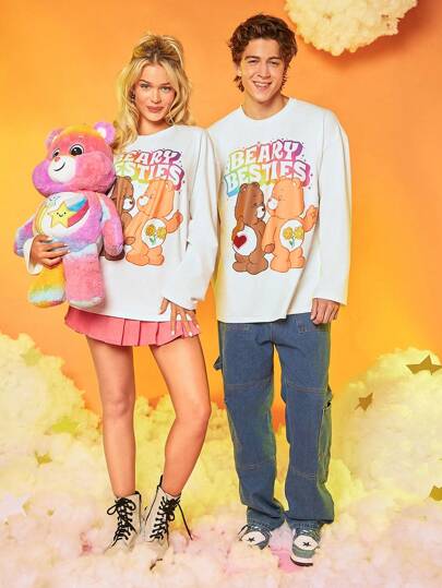 SHEIN X Care Bears 1 st Slogan & Bear Grafisk Drop Shoulder Tee (utan Bear Doll)