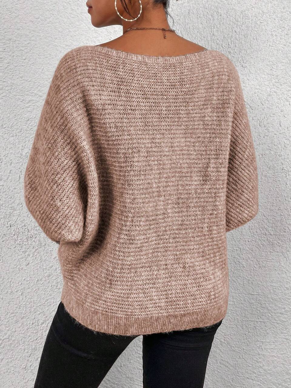 Asymmetrical Neck Batwing Sleeve Knit Pullover Fall Winter Sweater