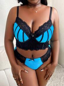 Plus Contrast Lace Underwire Lingerie Set, Bra & Panty Set - Multicolor - View 4