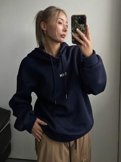 DAZY Sudadera Con Capucha Con Forro Térmico Y Cordón De Hombros Caídos Con Gráfico De Eslogan