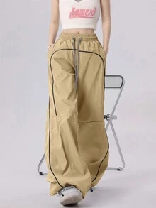 Quần thể thao thường ngày chắp vá có dây rút ở eo dành cho nữ - Màu Khaki - Xem 4