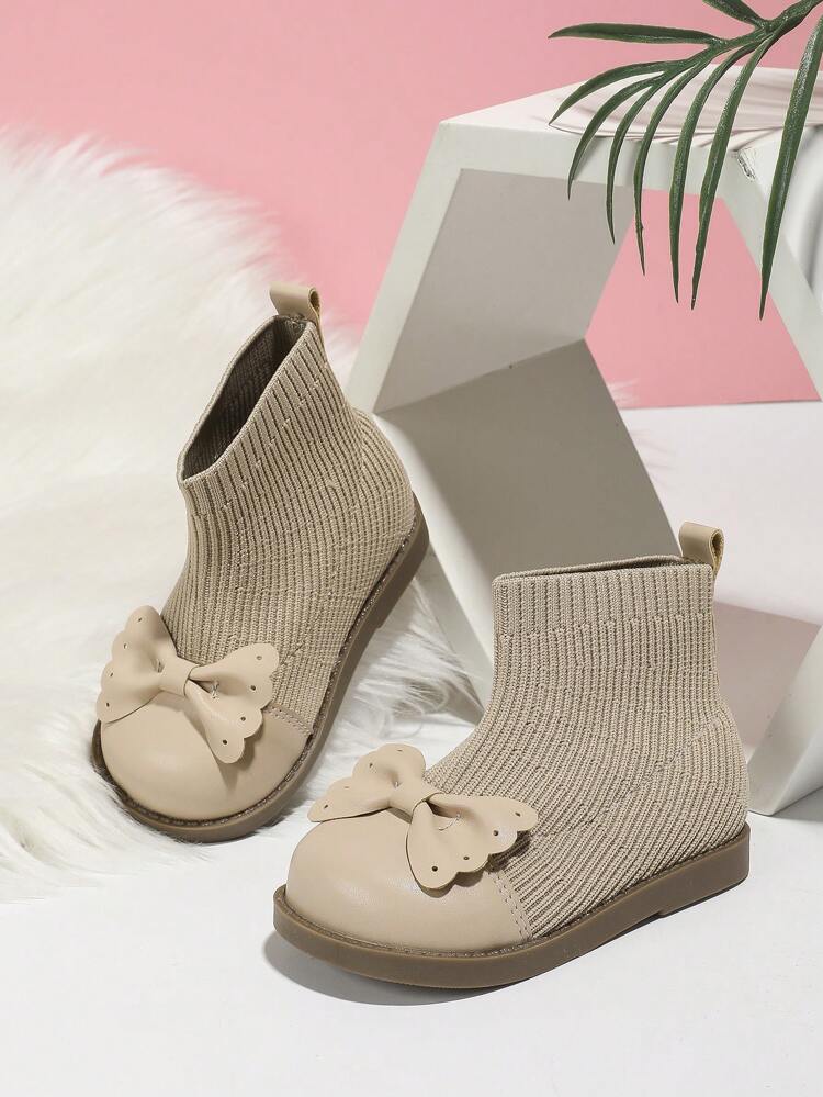 Girls Autumn/Winter New British Style Fashionable Bowknot Woolen Socks Boots, Outdoor Snow Boots For Toddlers, Warm And Boots