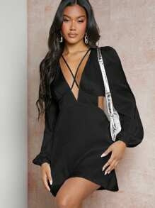 SHEIN BAE Plunging Neck Crisscross Cut Out Waist Lantern Sleeve Dress