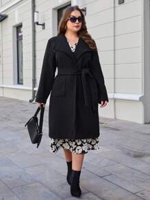 RueChic Plus Waterfall Collar Belted Coat - Black - View 4