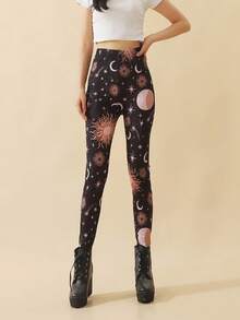 Inked in Red 太陽和月亮圖案時尚緊身褲