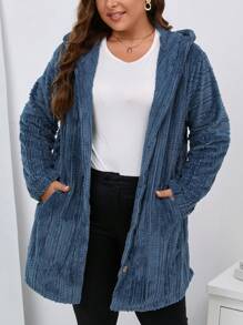 SHEIN LUNE 大碼斜口袋連帽絨布外套 - 霧霾藍 - 查看 4