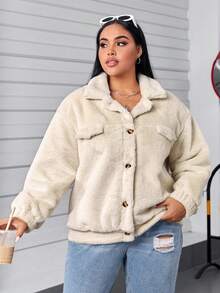 SHEIN EZwear Plus Flap Detail Drop Shoulder Teddy Jacket - Apricot - View 6