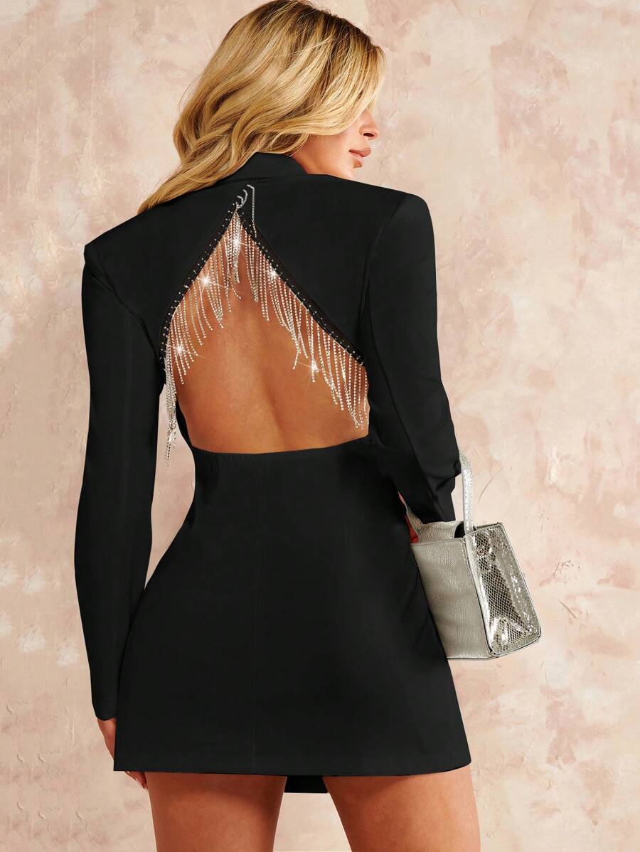 SHEIN BAE Open Back Rhinestone Fringe Trim Blazer Dress In Fall/Winter